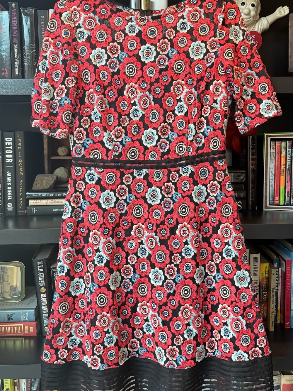 Tahari Red, Black and White Floral Fit-&-Flare Midi Dress